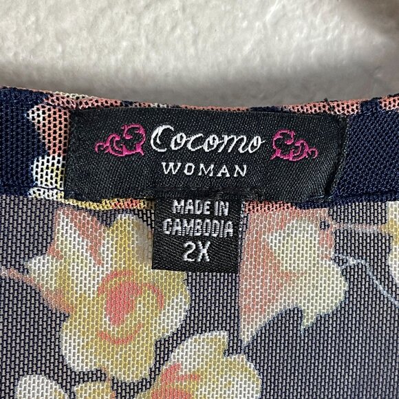 Cocomo Woman Plus 2X Floral Blouse Roll Tab Sleeve Tunic Top Stretch Mesh Shirt - Picture 3 of 9